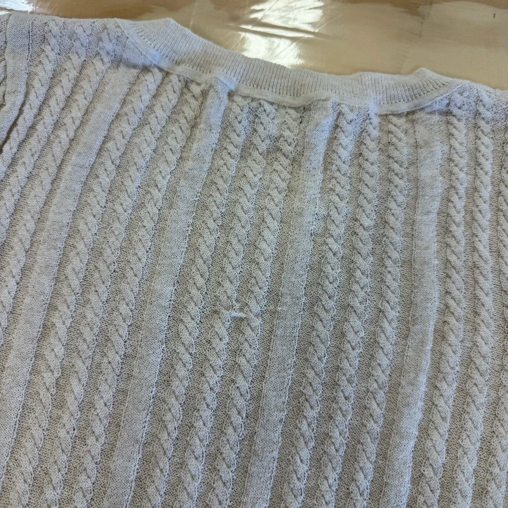 White + Warren Knit Lightweight Linen Blend Beige Cable Knit Crew Neck Sweater L